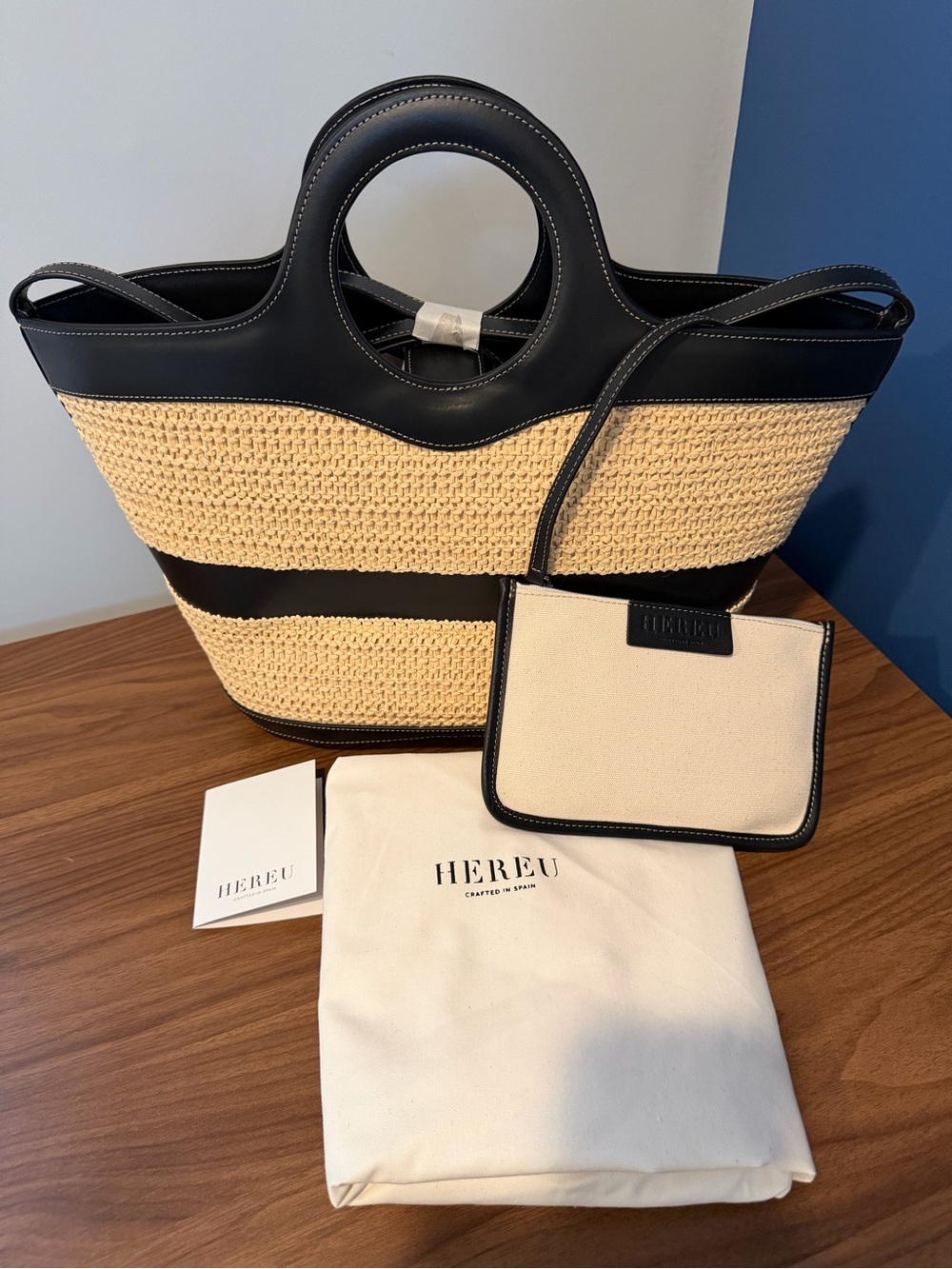 NWT $978 retail Hereu Black and Natural Straw Tote with Removable Pouch & dusty